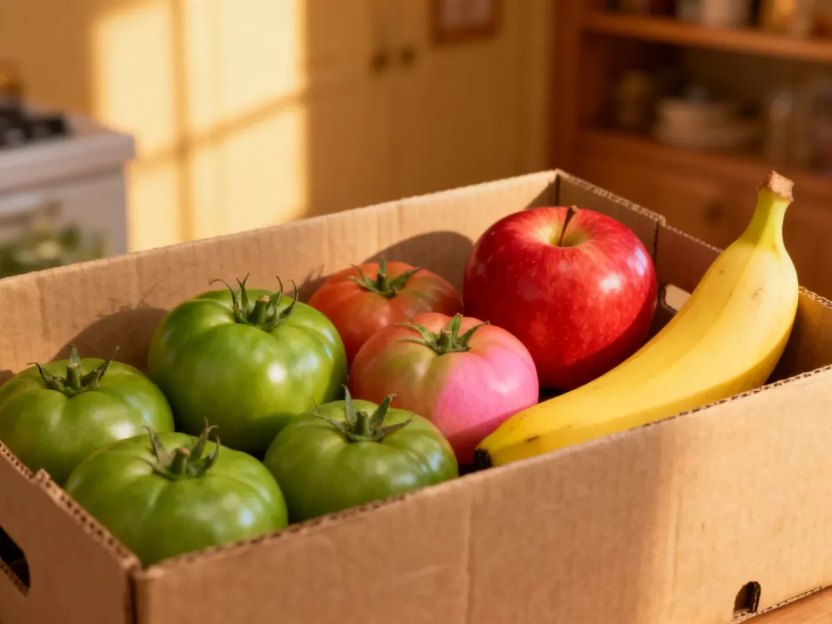 Zielone pomidory dojrzewające w pudełku z jabłkiem i bananem