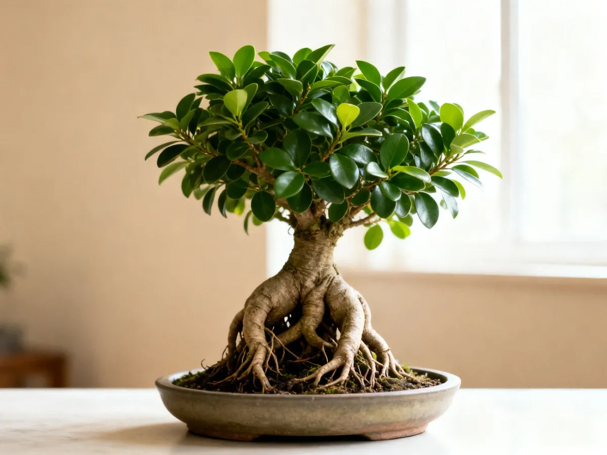 Zdrowy Ficus Ginseng o zgrubiałym pniu i zwartej koronie w doniczce bonsai