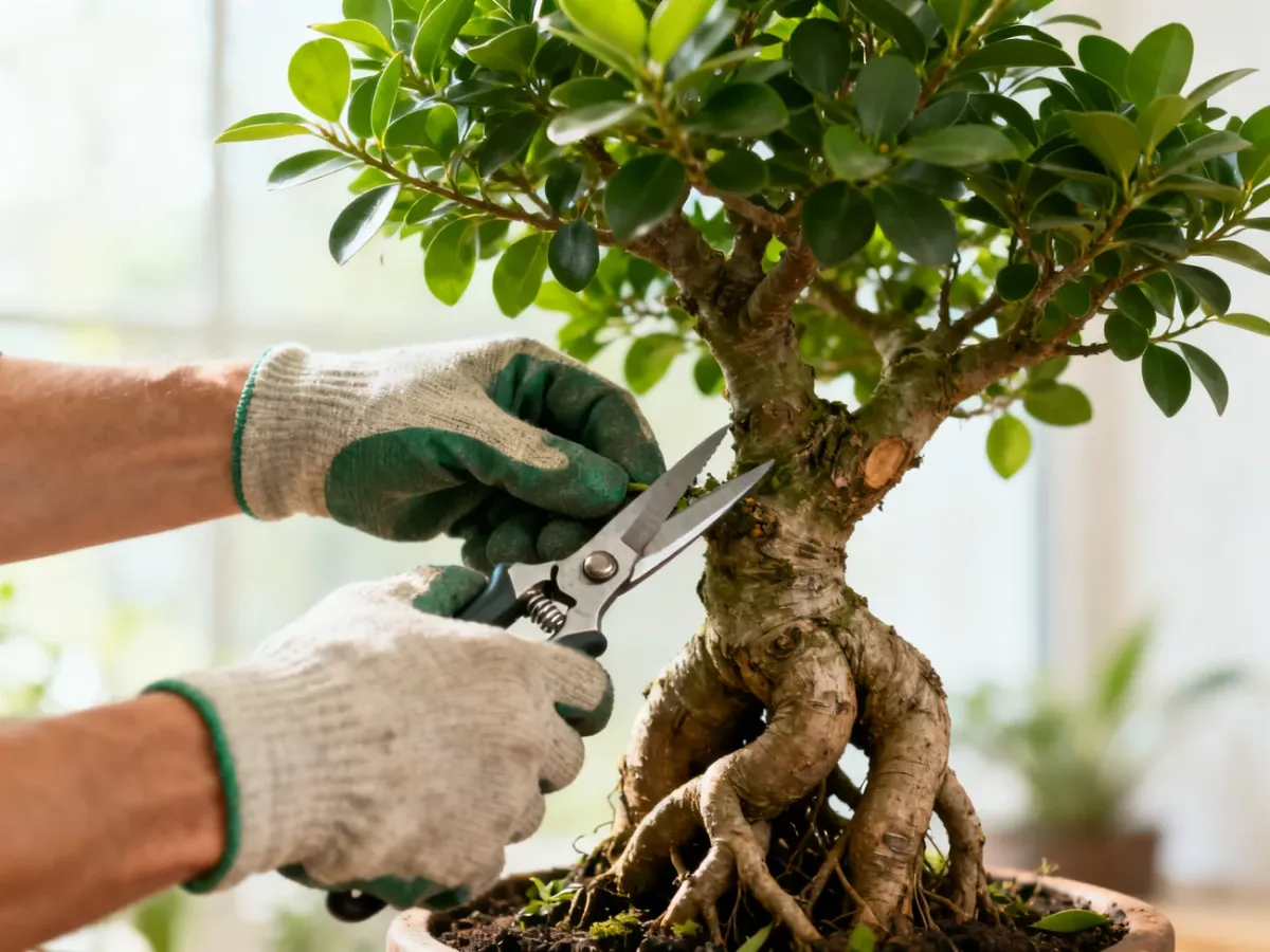 Przycinanie korony Ficus Ginseng sekatorem w rękawiczkach