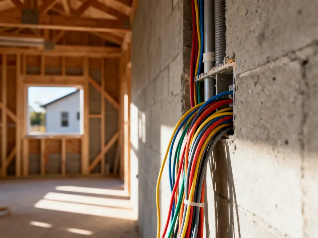 Kolorowe przewody elektryczne wystające ze ściany na placu budowy domu w trakcie prac instalacyjnych.