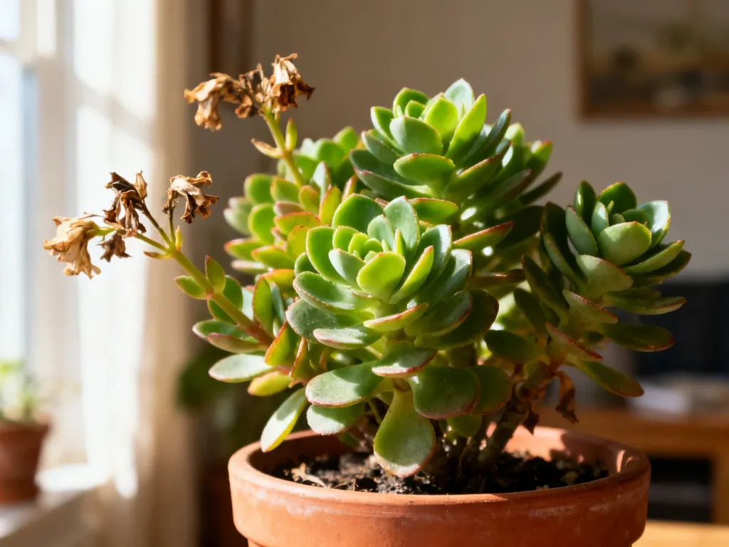 Kalanchoe w terakotowej doniczce z przekwitniętymi kwiatami, wymagającymi przycięcia dla ponownego zakwitnięcia.