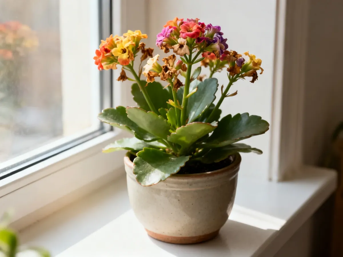 Kalanchoe po przekwitnięciu na jasnym parapecie