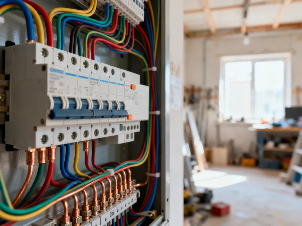 Nowoczesna rozdzielnica elektryczna z uporządkowanym okablowaniem i bezpiecznikami, gotowa do montażu w instalacji.