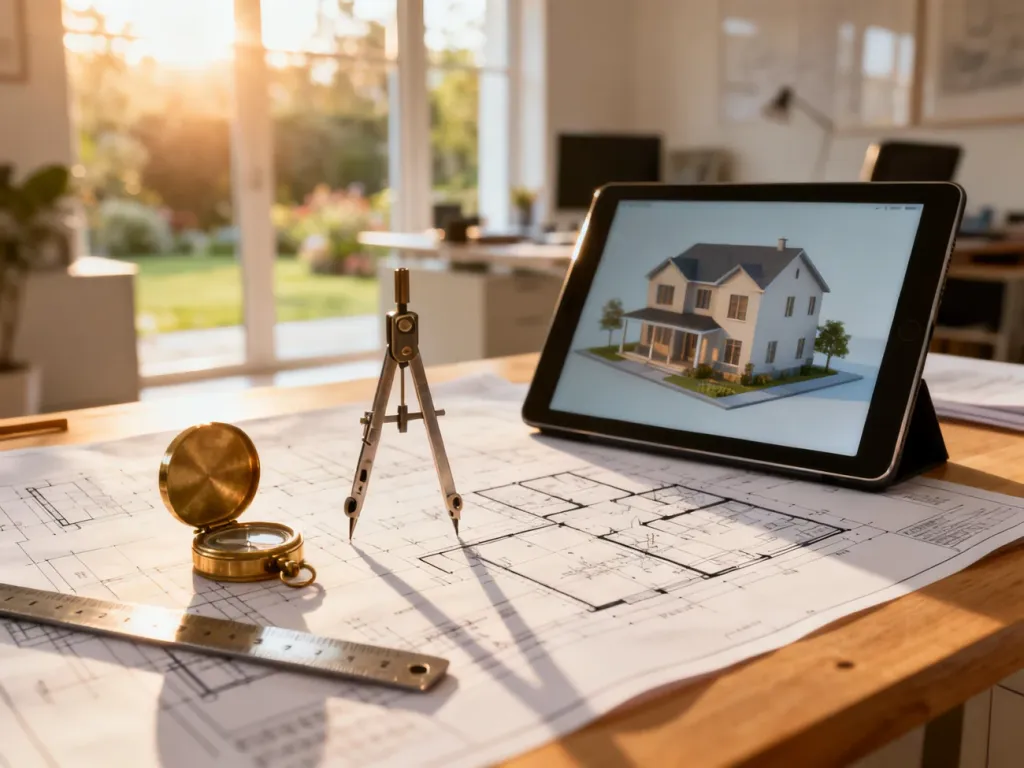 Profesjonalne plany architektoniczne i tablet z modelem domu 3D na biurku, symbolizujące proces wyboru projektu domu.