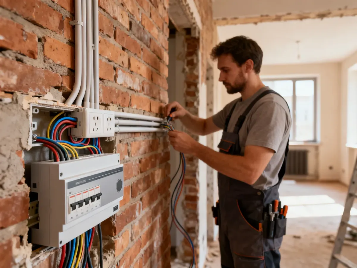 Elektryk wymieniający instalację elektryczną w remontowanym mieszkaniu