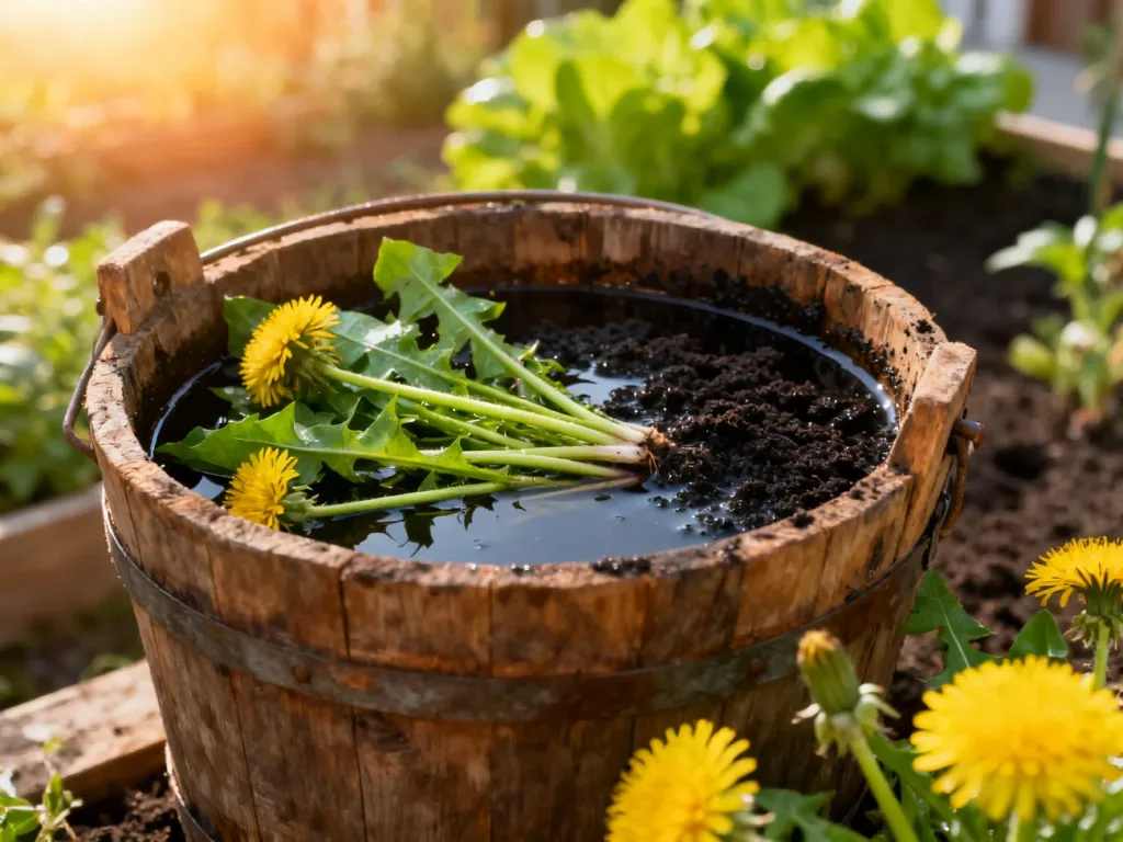 Drewniane wiadro z organiczną gnojówką z mniszka lekarskiego na tle przydomowego ogrodu.