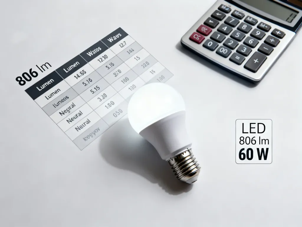 Nowoczesna żarówka LED obok tabeli porównawczej mocy i jasności, ilustrująca przelicznik 806 lumenów na 60 watów.