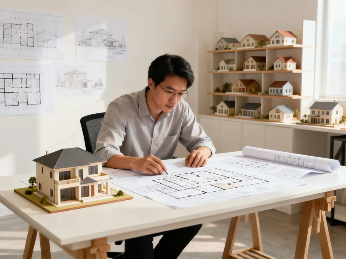 Architekt analizujący projekt domu przy biurku z planami i makietą