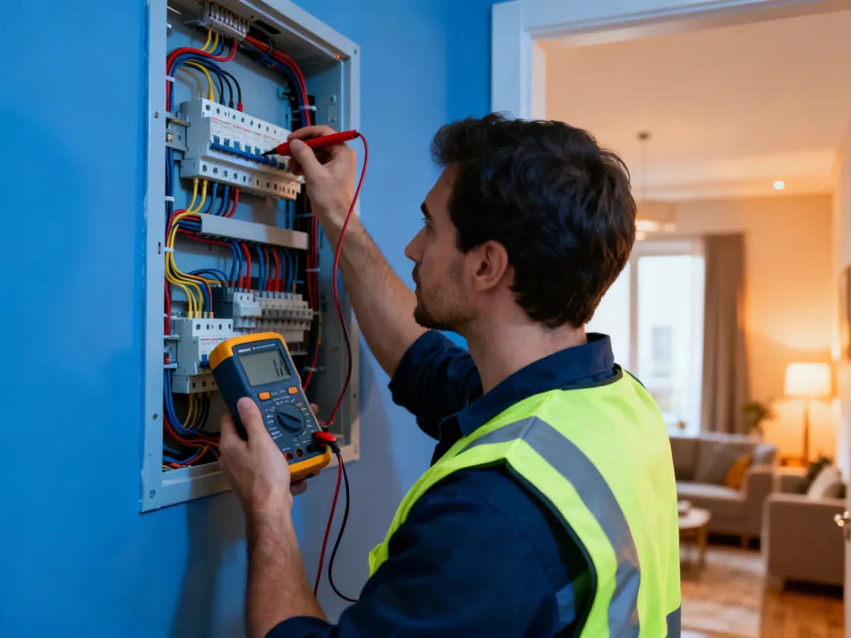 Elektryk wykonujący pomiary ochronne instalacji elektrycznej