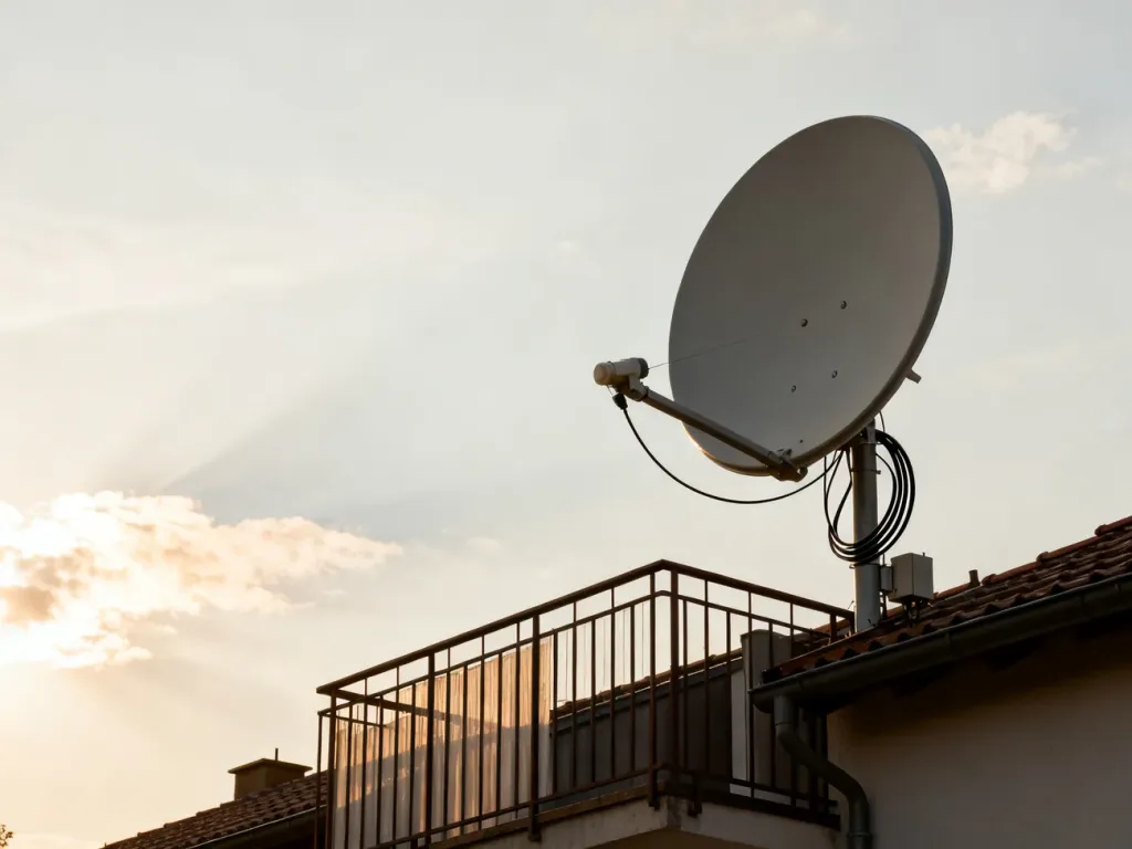 Antena satelitarna zamontowana na zewnątrz, przygotowana do precyzyjnej regulacji ustawienia w stronę nieba.