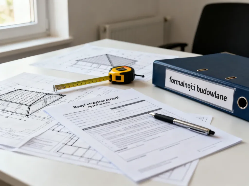 Wypełniony wniosek o wymianę pokrycia dachu wraz z planami architektonicznymi i przyborami biurowymi na biurku.