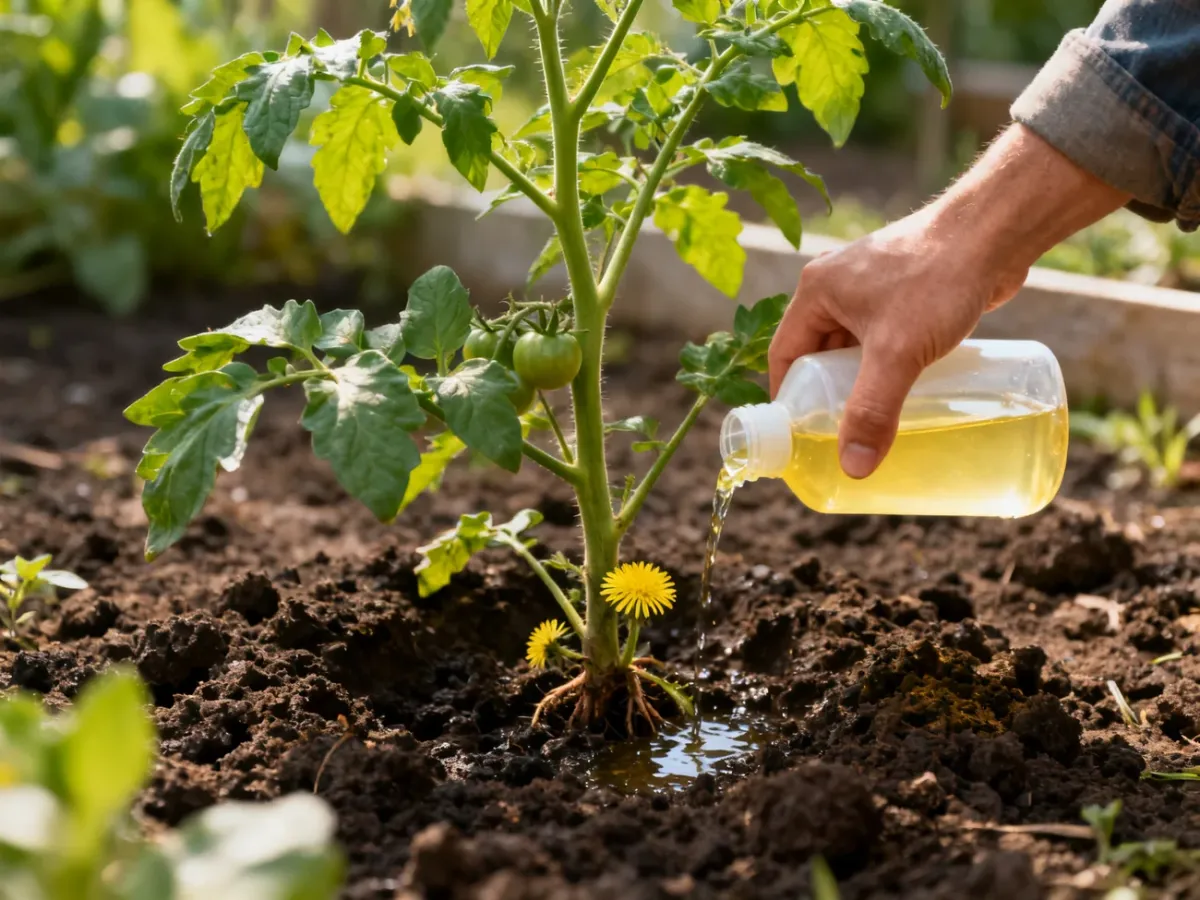 Podlewanie pomidora rozcieńczoną gnojówką przy korzeniach