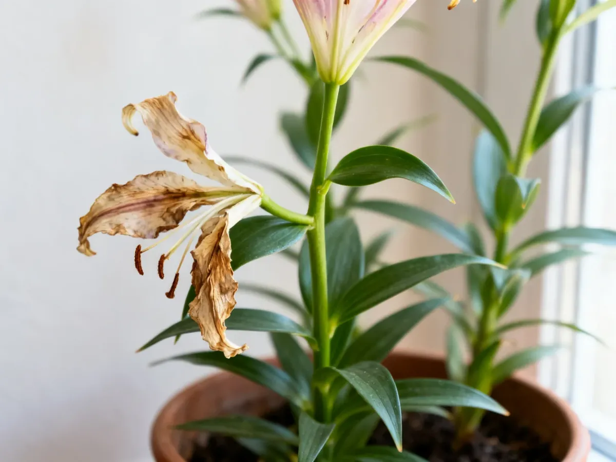 Potted lily with wilted flowers removed and green leaves still intact