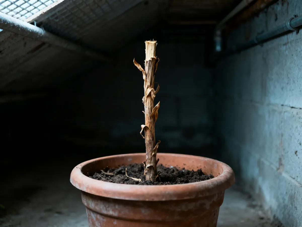 Dormant potted lily stored in a cool sheltered place for winter