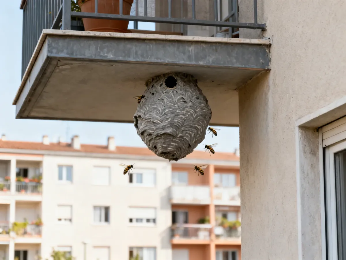 Papierowe gniazdo os pod osłoną balkonu