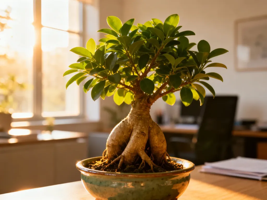Zdrowe drzewko bonsai Ficus ginseng z grubym pniem i zielonymi liśćmi w ceramicznej doniczce na tle słonecznego biura.