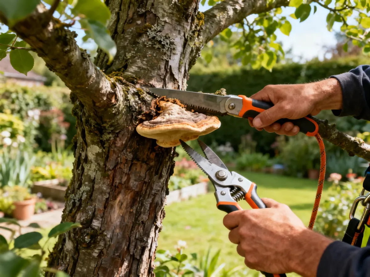 Arborysta usuwa hubę z gałęzi drzewa przy użyciu czystych narzędzi