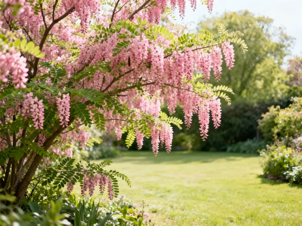 Robinia o różowych kwiatach w dużym ogrodzie